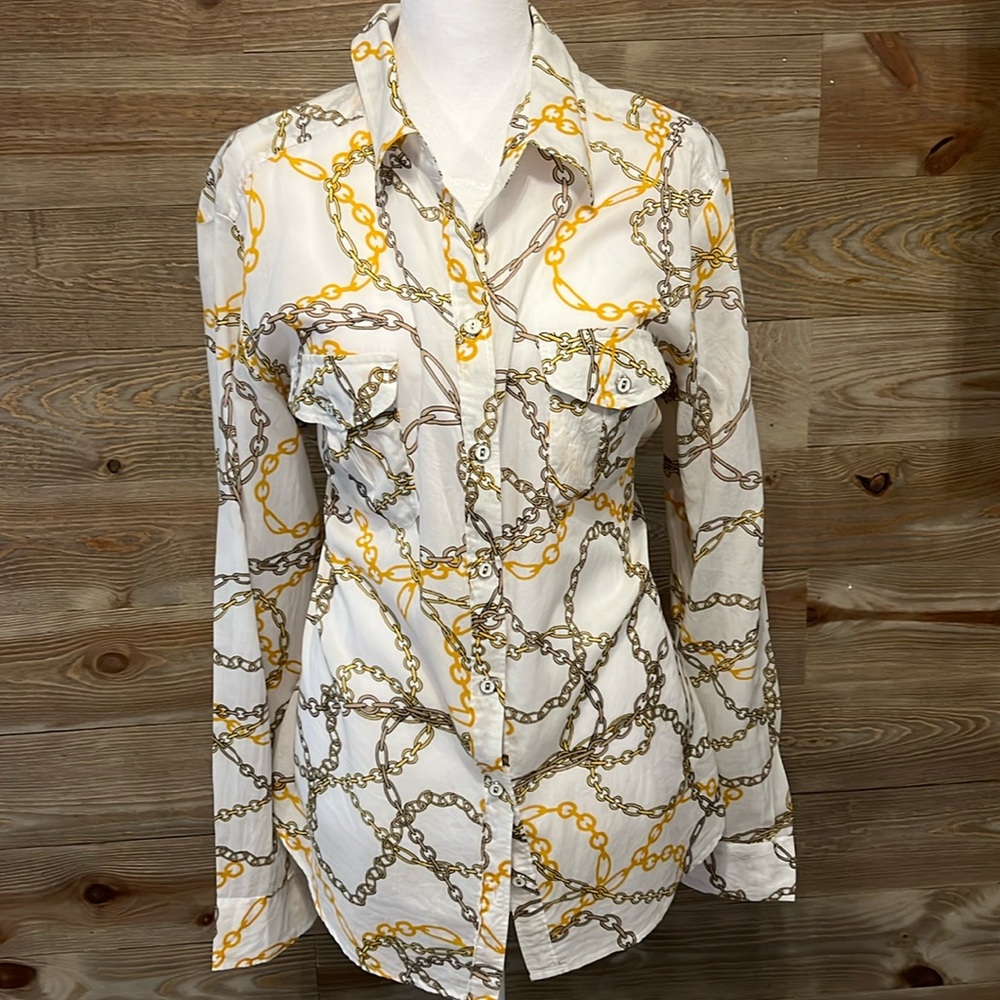 New York & Co white with gold chain print button front cotton blouse. XL